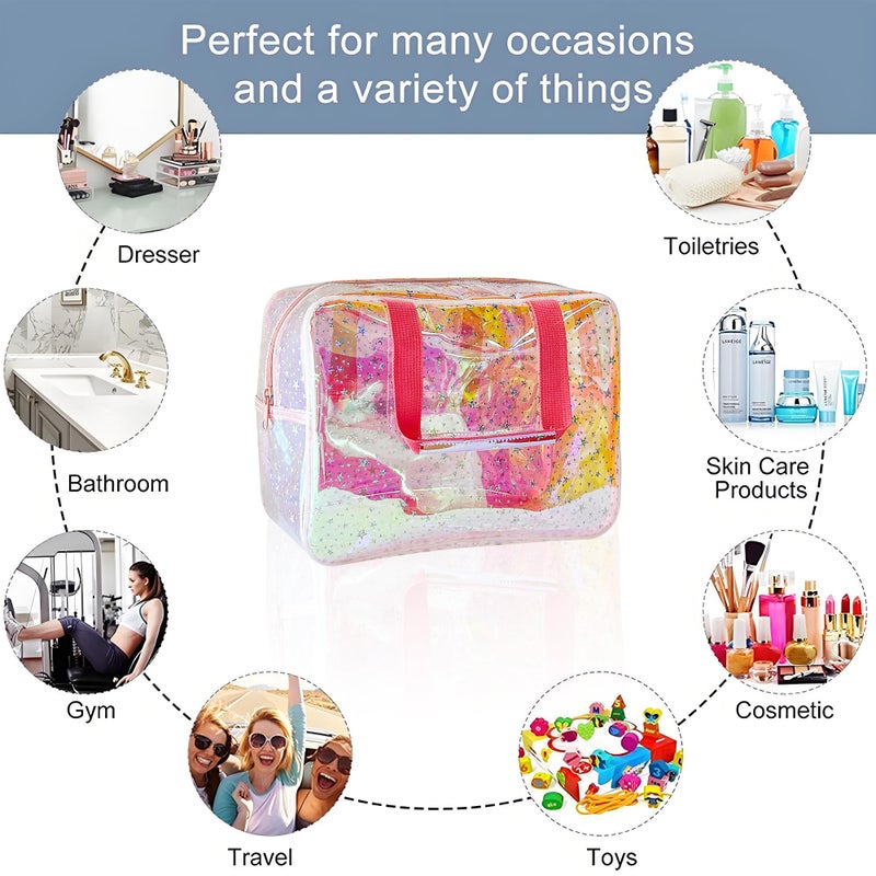 TotePrint TPU Holographic Pink Clear Star Large Cosmetic Bag and Travel Pouch with Handle,Durable TPU Material,Zipper Design-Ideal for Makeup,Travel Essentials (Holographic pink) - Image 4