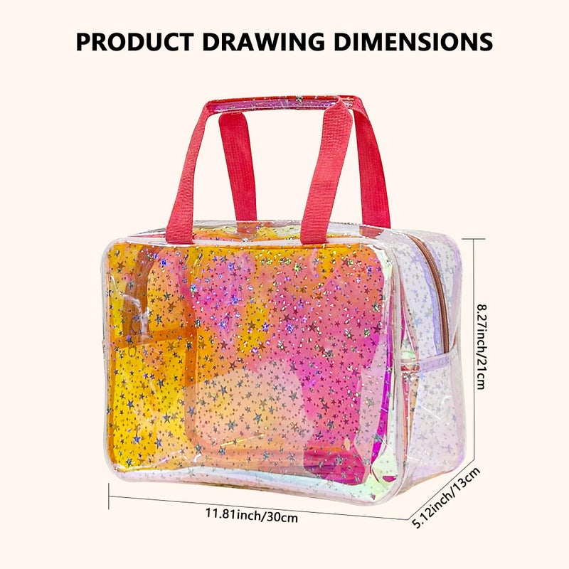 TotePrint TPU Holographic Pink Clear Star Large Cosmetic Bag and Travel Pouch with Handle,Durable TPU Material,Zipper Design-Ideal for Makeup,Travel Essentials (Holographic pink) - Image 2