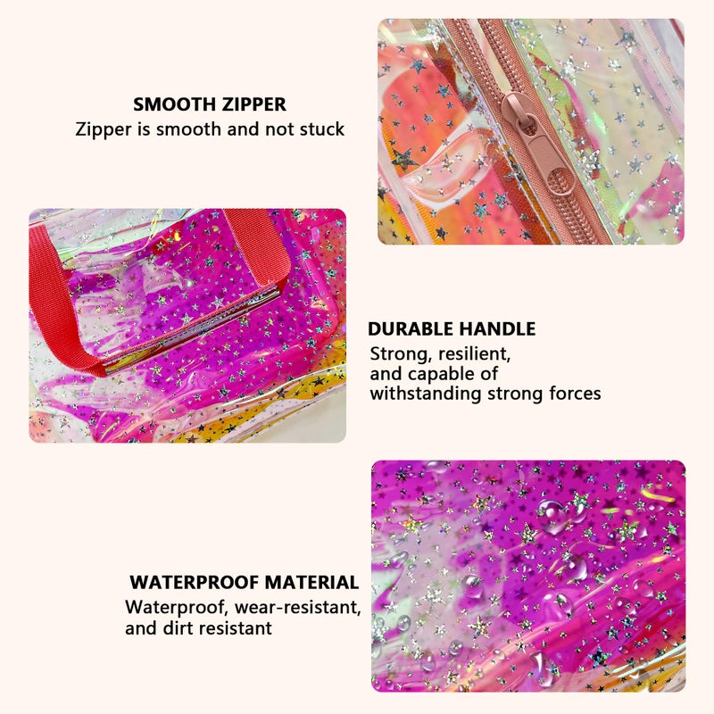 TotePrint TPU Holographic Pink Clear Star Large Cosmetic Bag and Travel Pouch with Handle,Durable TPU Material,Zipper Design-Ideal for Makeup,Travel Essentials (Holographic pink) - Image 3