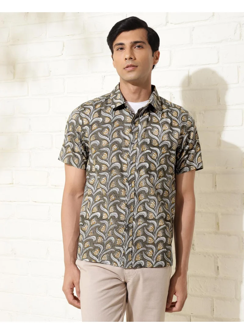 Fabindia Grey Cotton Hand Block Printed Shirt