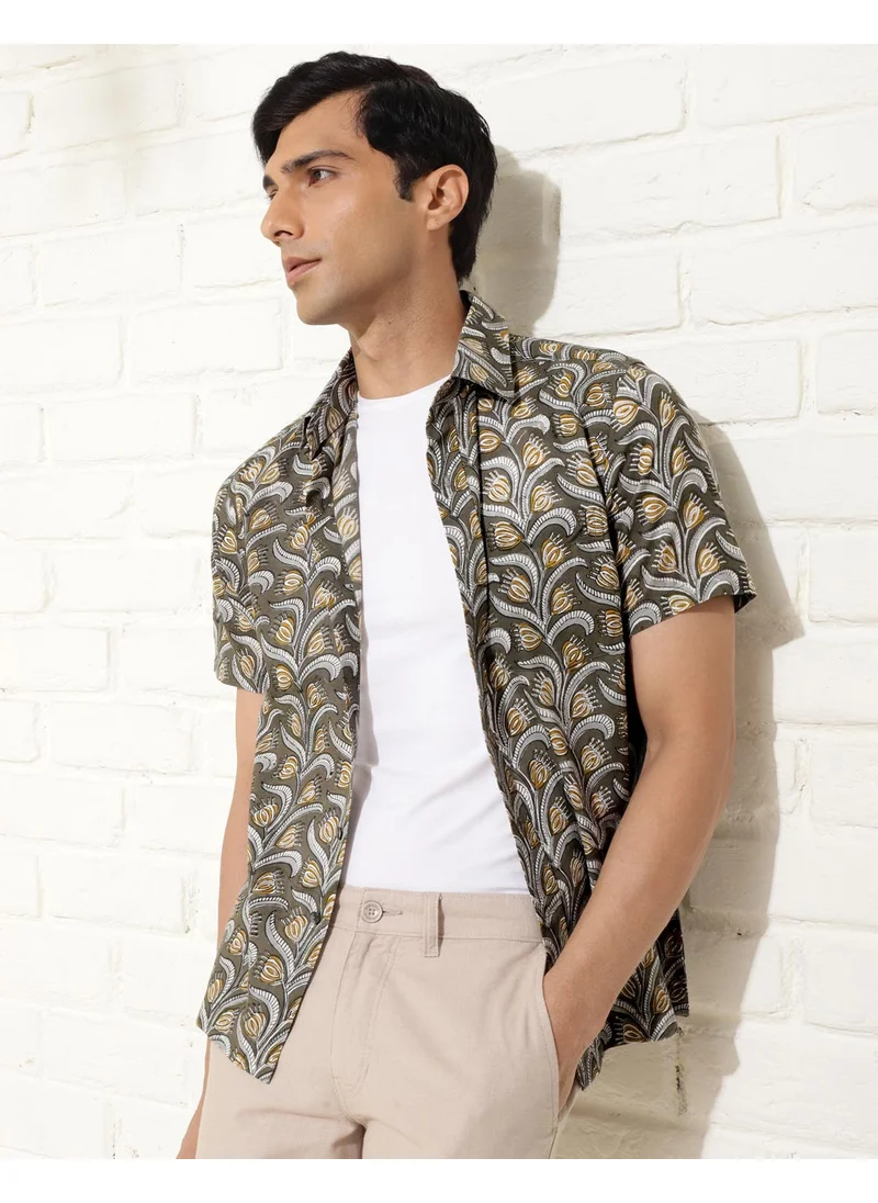 Fabindia Grey Cotton Hand Block Printed Shirt