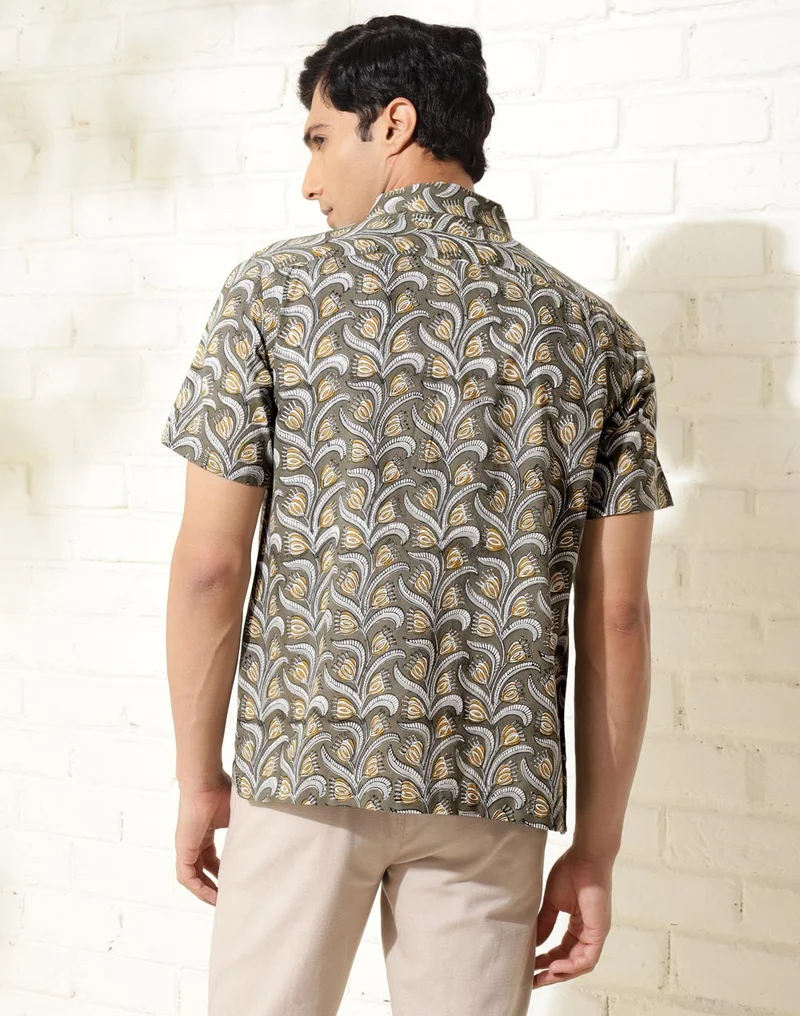 Fabindia  Grey Cotton Hand Block Printed Shirt for Men | Best Price UAE