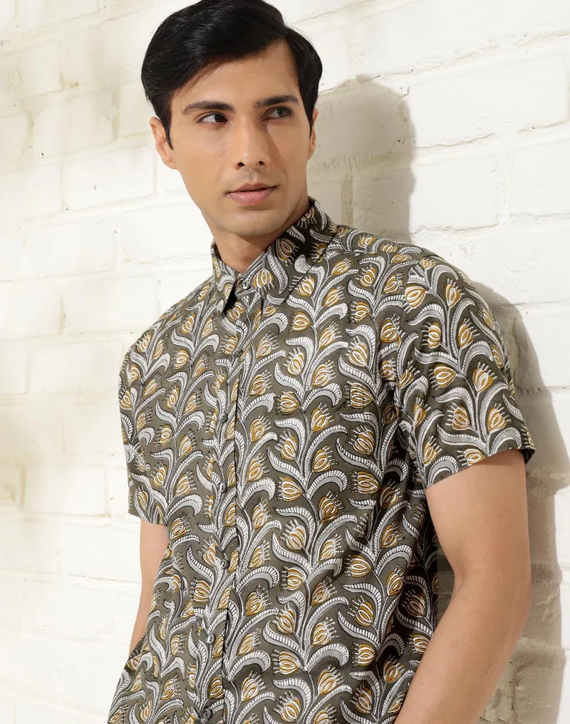 Fabindia  Grey Cotton Hand Block Printed Shirt for Men | Best Price UAE