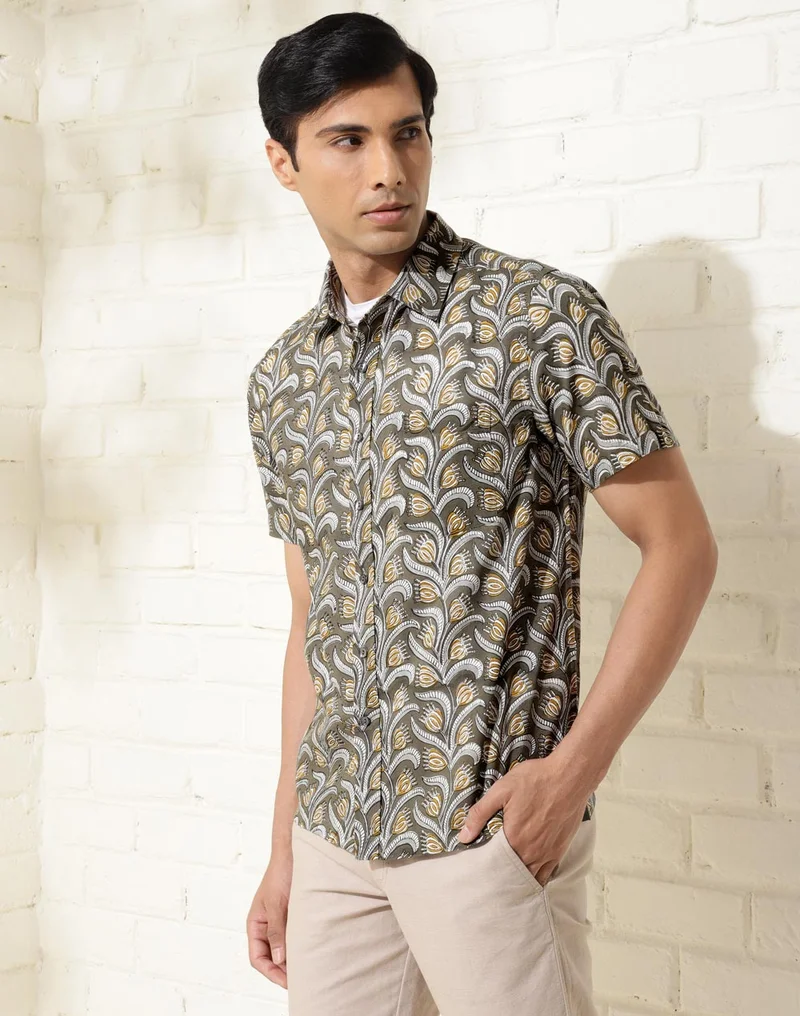 Fabindia  Grey Cotton Hand Block Printed Shirt for Men | Best Price UAE