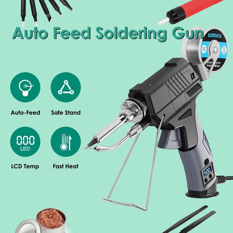 EOOKU Soldering Iron gun Kit,60W Auto Feed Soldering Kit with Adjustable Temperature LCD Display,Wire,Tip Cleaner,5 Tips,Pump,Tweezers for Electronic PCB Repair,DIY - Image 2
