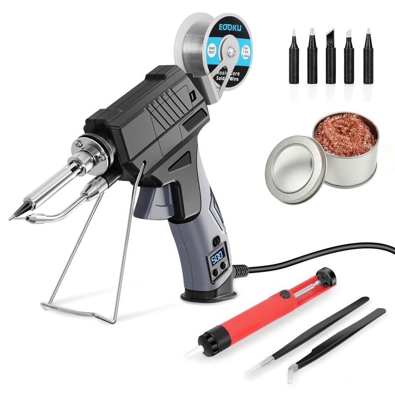 EOOKU Soldering Iron gun Kit,60W Auto Feed Soldering Kit with Adjustable Temperature LCD Display,Wire,Tip Cleaner,5 Tips,Pump,Tweezers for Electronic PCB Repair,DIY - Image 1