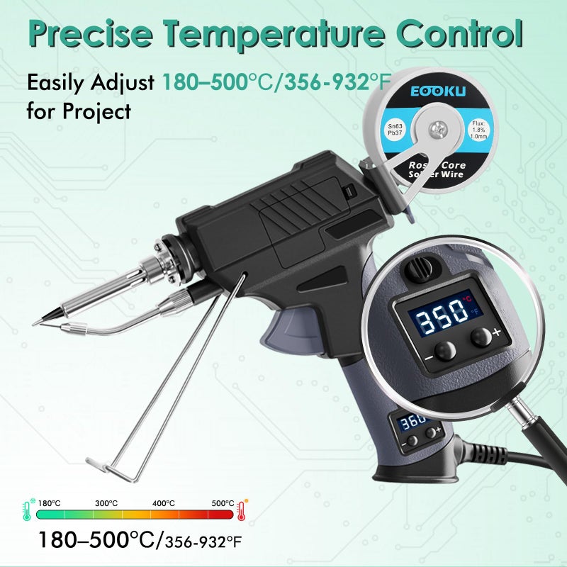 EOOKU Soldering Iron gun Kit,60W Auto Feed Soldering Kit with Adjustable Temperature LCD Display,Wire,Tip Cleaner,5 Tips,Pump,Tweezers for Electronic PCB Repair,DIY - Image 3