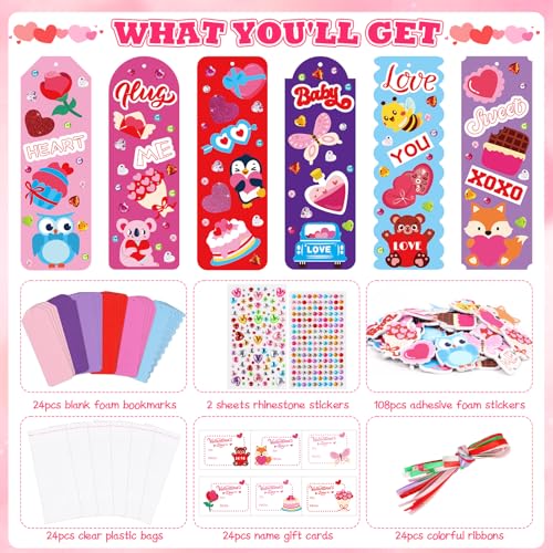 DERAYEE 24 Set Valentines Bookmarks Crafts Kit DIY Valentine's Day Craft with Assorted Hearts Animal Stickers for Kids Classroom Home Fun Activities - Image 2