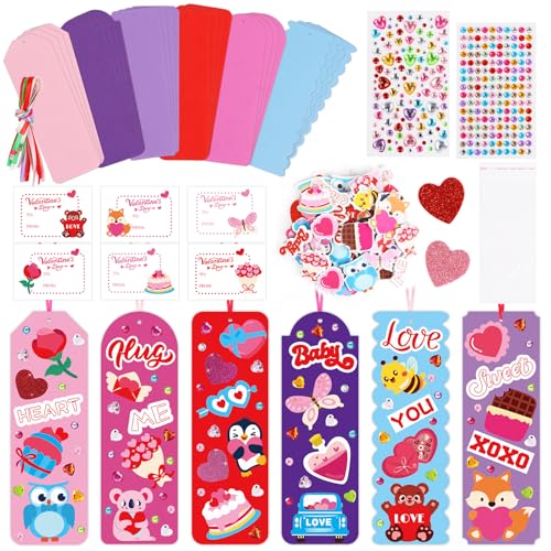 DERAYEE 24 Set Valentines Bookmarks Crafts Kit DIY Valentine's Day Craft with Assorted Hearts Animal Stickers for Kids Classroom Home Fun Activities - Image 1