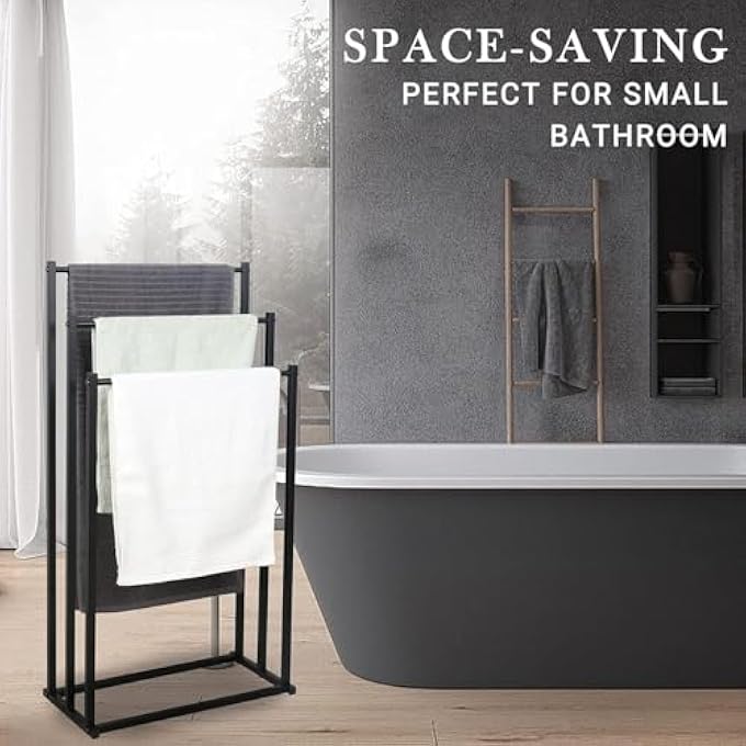 حامل مناشف قائم بذاته، 3 طبقات، من الفولاذ المقاوم للصدأ، للحمام، حامل تجفيف البطانيات شديد التحمل، حامل مناشف الحمام، رف بطانيات معدني لحوض الاستحمام أو الدش أو حمام السباحة - Image 4