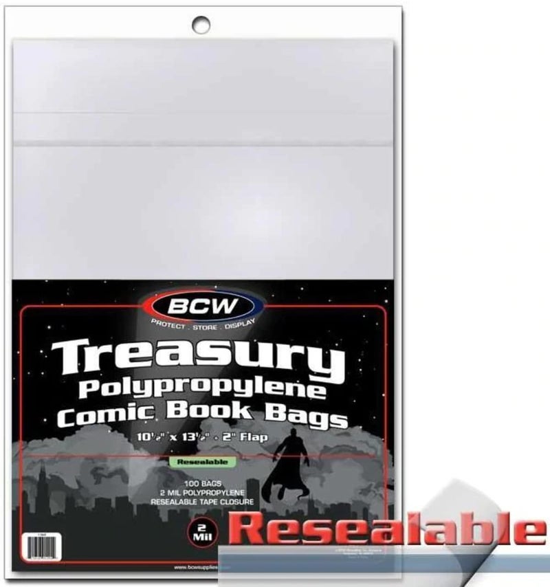 BCW Resealable Treasury Comic Bags - Pack of 100 | Acid-Free Safe Storage Comic Book Bags for Treasury Comics | Crystal Clear Polypropylene | Dimensions 10 1/2 x 13 1/2 inches