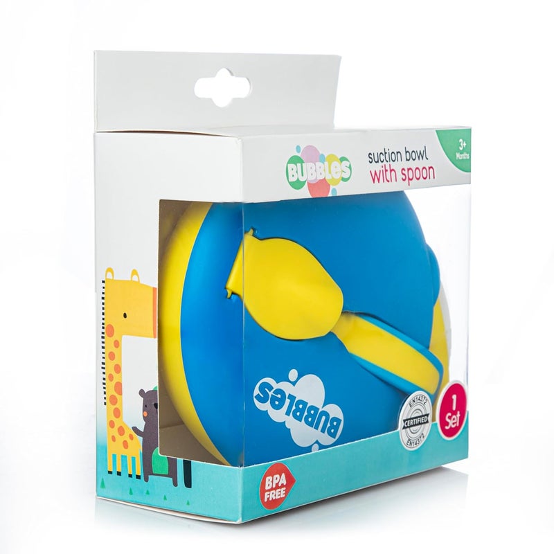 Bubbles وعاء تغذية مع غطاء، ملعقة للتغذية والفطام | مجموعة أدوات مائدة ناعمة للمرحلة الأولى للأطفال والرضع (أزرق - أصفر) - Image 2