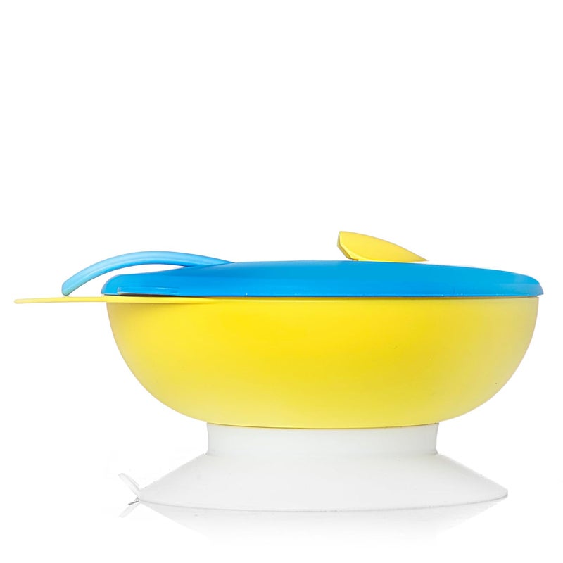 Bubbles وعاء تغذية مع غطاء، ملعقة للتغذية والفطام | مجموعة أدوات مائدة ناعمة للمرحلة الأولى للأطفال والرضع (أزرق - أصفر) - Image 5