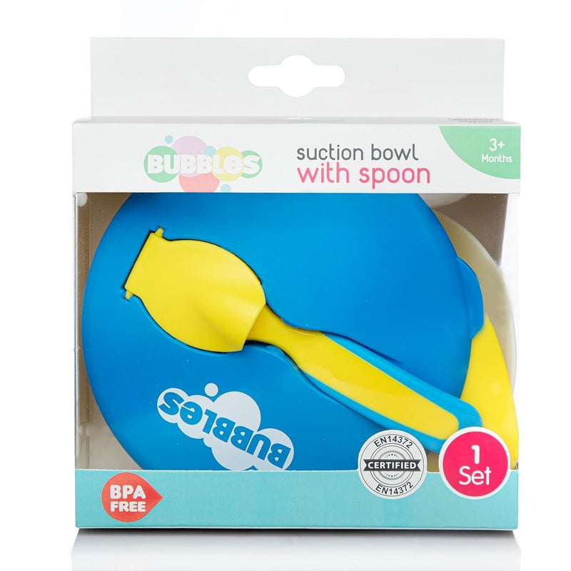 Bubbles وعاء تغذية مع غطاء، ملعقة للتغذية والفطام | مجموعة أدوات مائدة ناعمة للمرحلة الأولى للأطفال والرضع (أزرق - أصفر) - Image 1