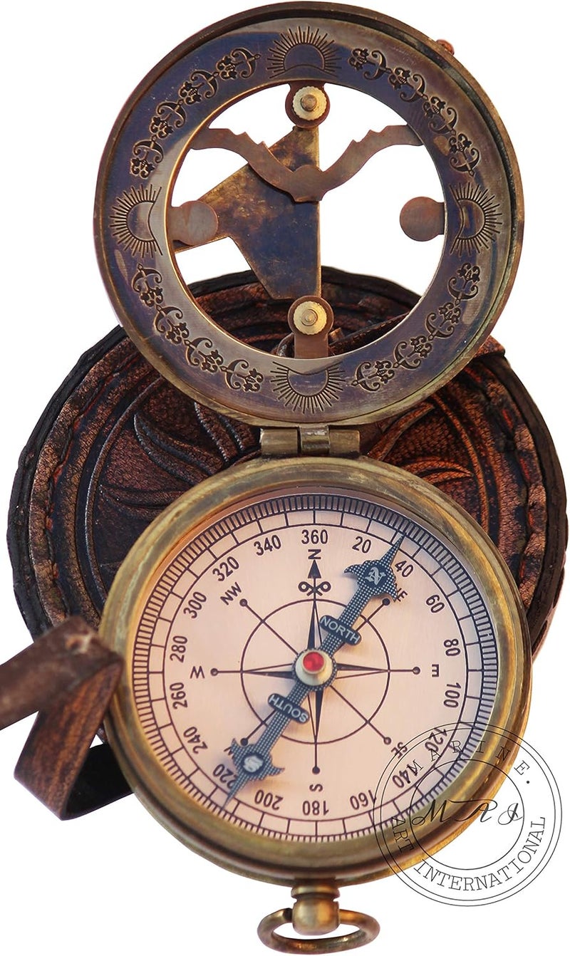 Mai Brass Sundial Compass Beautiful Gift Item with Leather Case - Sun Clock - Steampunk Accessory – Nautical Gift – Wedding Gifts for Him – Sundial Watch - Image 4