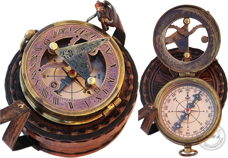 Mai Brass Sundial Compass Beautiful Gift Item with Leather Case - Sun Clock - Steampunk Accessory – Nautical Gift – Wedding Gifts for Him – Sundial Watch - Image 1