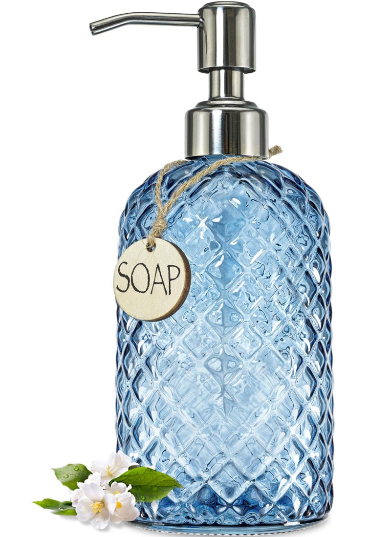 JASAI 18Oz Gem Patterned Glass Soap Dispenser for Kitchen, Refillable Hand soap Dispenser with Rust Proof Stainless Steel Pump, Clear Soap Dispenser Bathroom for Dish Soap, Hand soap, Lotion(Blue) - Image 1