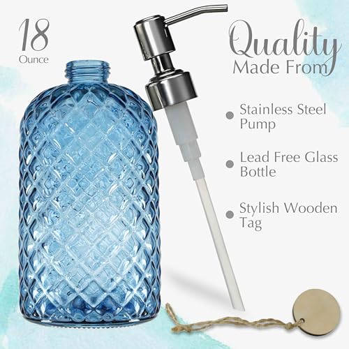 JASAI 18Oz Gem Patterned Glass Soap Dispenser for Kitchen, Refillable Hand soap Dispenser with Rust Proof Stainless Steel Pump, Clear Soap Dispenser Bathroom for Dish Soap, Hand soap, Lotion(Blue) - Image 2