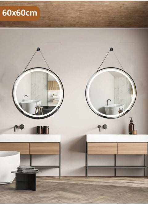 Pack Of 2 Round Bathroom Mirror with Led Light Wall Mounted Vanity Mirror Smart Mirror with Sling And Black Frame Illuminated Makeup Mirror for Home Decor Size 60x60CM