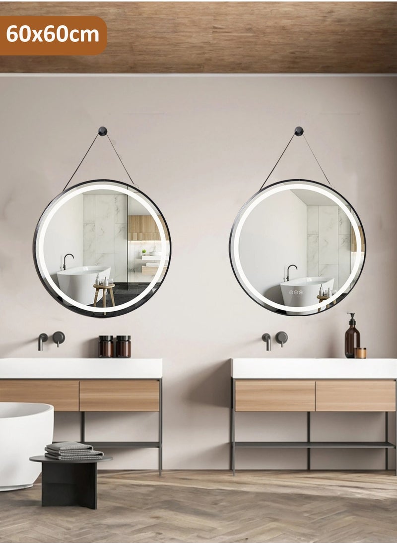 Pack Of 2 Round Bathroom Mirror with Led Light Wall Mounted Vanity Mirror Smart Mirror with Sling And Black Frame Illuminated Makeup Mirror for Home Decor Size 60x60CM