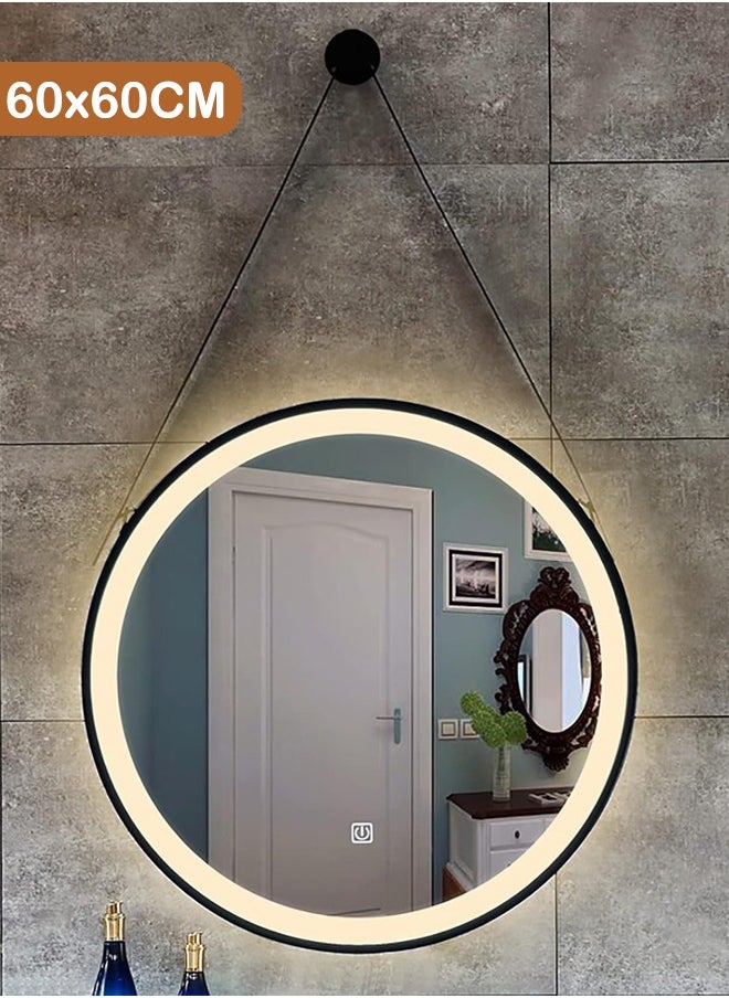Pack Of 2 Round Bathroom Mirror with Led Light Wall Mounted Vanity Mirror Smart Mirror with Sling And Black Frame Illuminated Makeup Mirror for Home Decor Size 60x60CM