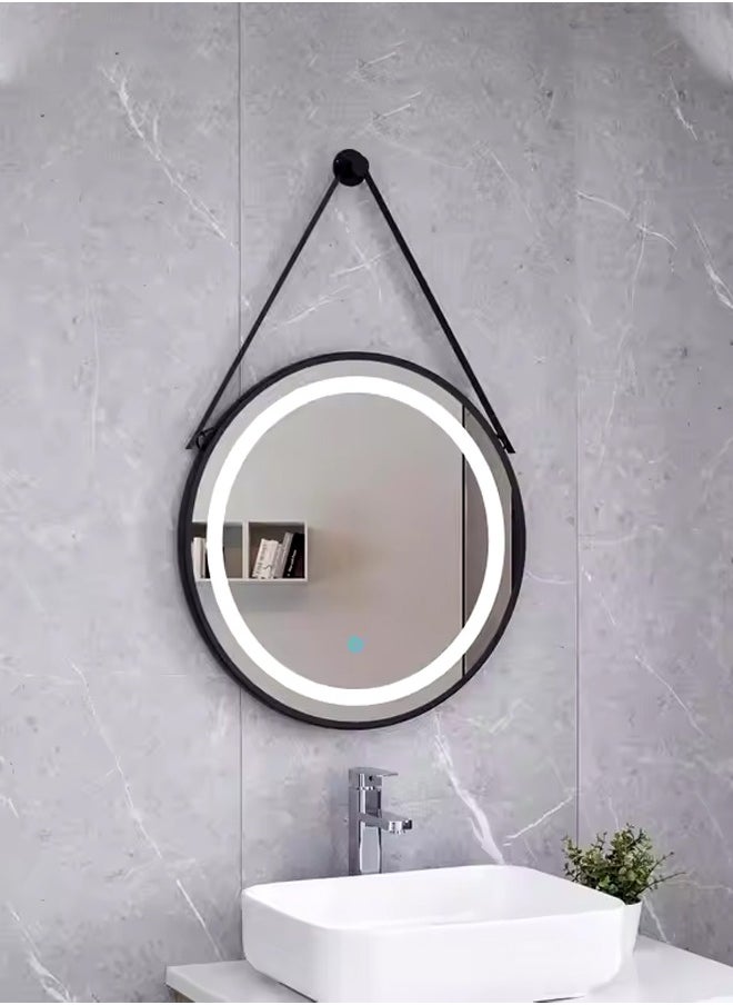 Pack Of 2 Round Bathroom Mirror with Led Light Wall Mounted Vanity Mirror Smart Mirror with Sling And Black Frame Illuminated Makeup Mirror for Home Decor Size 60x60CM