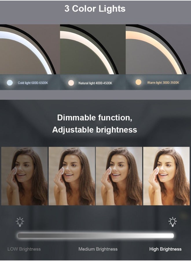 Pack Of 2 Round Bathroom Mirror with Led Light Wall Mounted Vanity Mirror Smart Mirror with Sling And Black Frame Illuminated Makeup Mirror for Home Decor Size 60x60CM