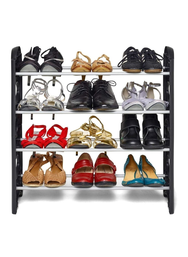 FLIPZON - FLIPZON 4 Shelves Shoe Rack, 12 Pairs, Metal & Plastic (Small) (Rustproof) (Black & Silver) - Image 1