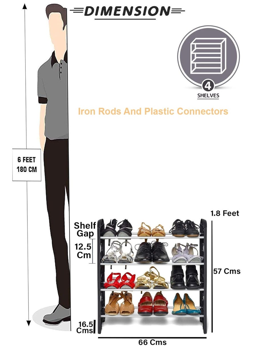 FLIPZON - FLIPZON 4 Shelves Shoe Rack, 12 Pairs, Metal & Plastic (Small) (Rustproof) (Black & Silver) - Image 1