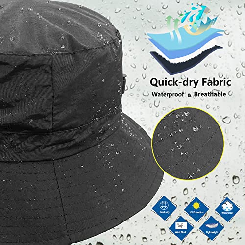 woogwin Waterproof Bucket Rain Hat with Chin Strap Quick Dry Packable Boonie Sun Hat Safari Hat UV Protection(Black) - Image 3