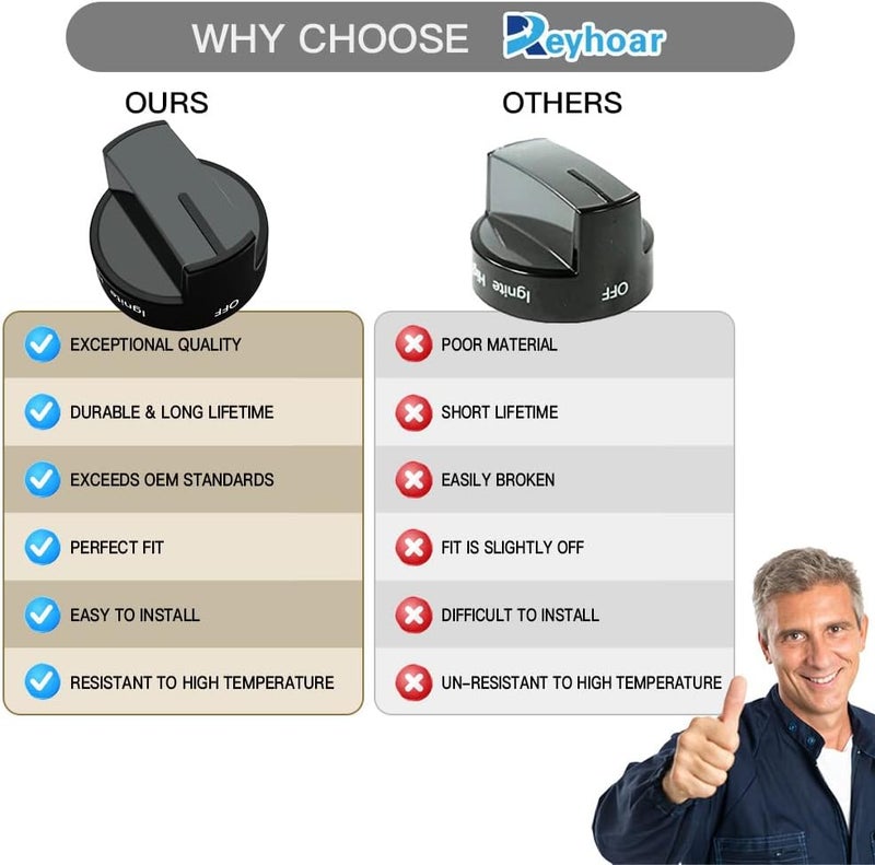 Reyhoar مقبض موقد غاز W10339442 أسود، قطعة استبدال مناسبة لمواقد وأفران وثلاجات ويرلبول (يستبدل WPW10339442 وPS3507188، عبوة واحدة). - Image 4