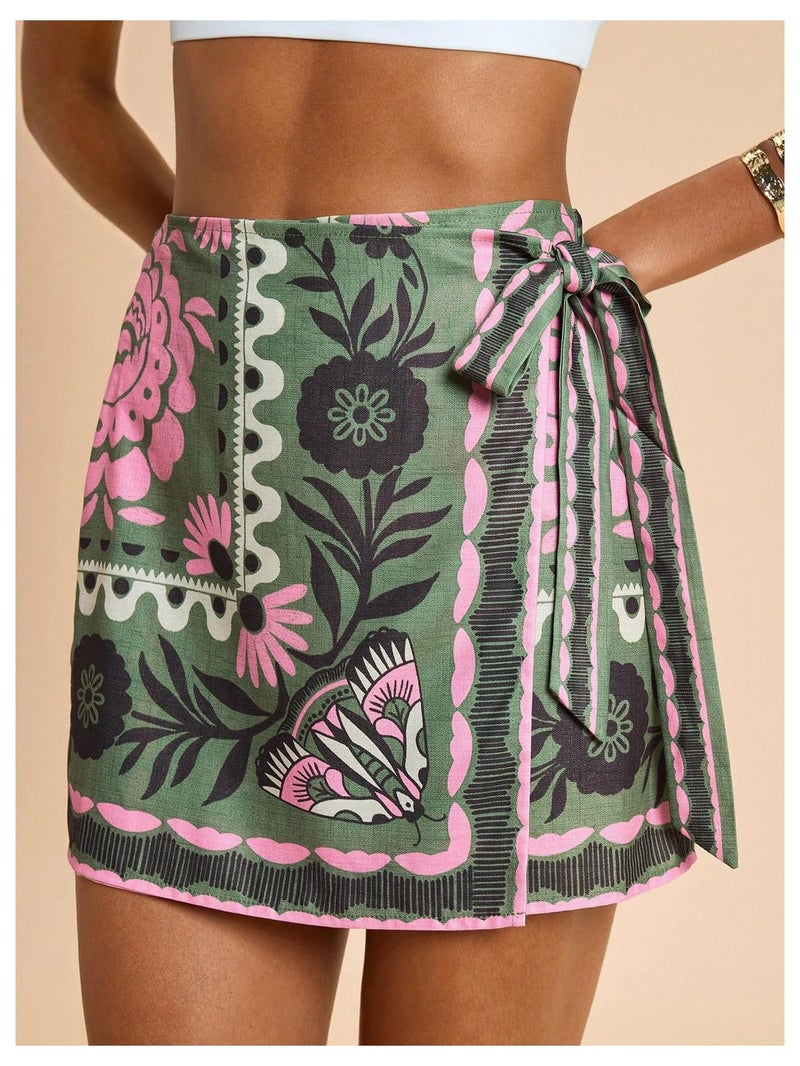 MakeMeChic Women's Summer Boho Wrap Mini Skirt Beach Vacation Short Skirts Green Floral Large - Image 2