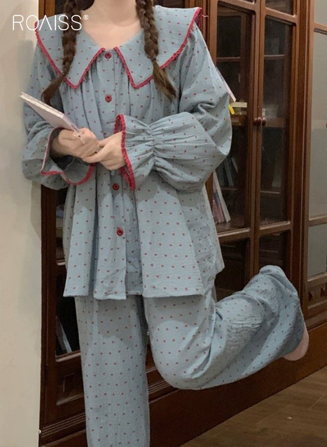 رويس طقم بيجامات منقط للنساء للربيع والخريف بأكمام طويلة مع كارديجان مفتوح بياقة لطيفة، مريح وقابل للارتداء لراحة المنزل في الخريف والشتاء - Image 1
