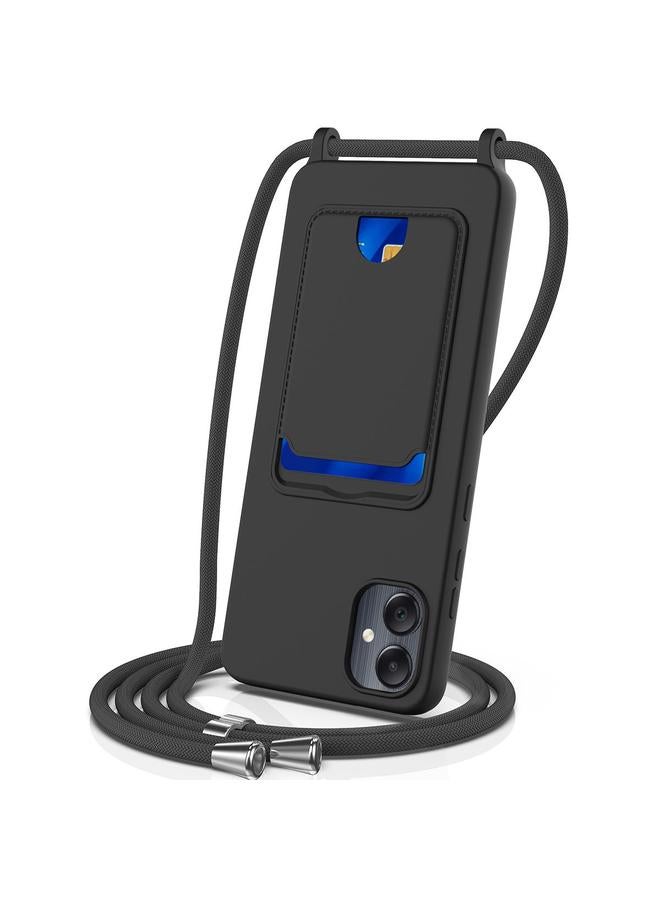 اس-توب جراب لهاتف Samsung Galaxy M05 / F05 مزود بحقيبة بطاقات مدمجة، جراب هاتف من السيليكون السائل بلون سادة مع حبل قصير - Image 1