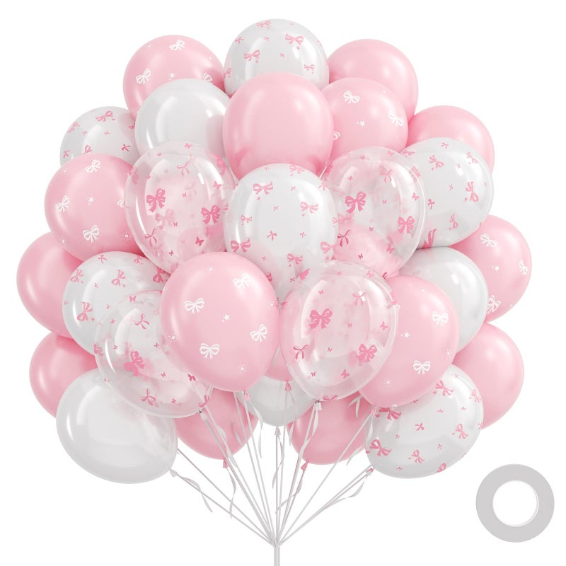 awenztech 60pcs Pink Bow Balloons 12inch with Pink White Clear Bow Balloons for Pink Coquette Wedding Baby Shower Birthday Party Decorations - Image 1