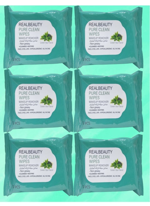 6 Packs Pure Clean Wipes Make Up Remover Green Tea Flavor 15 Pieces Inside