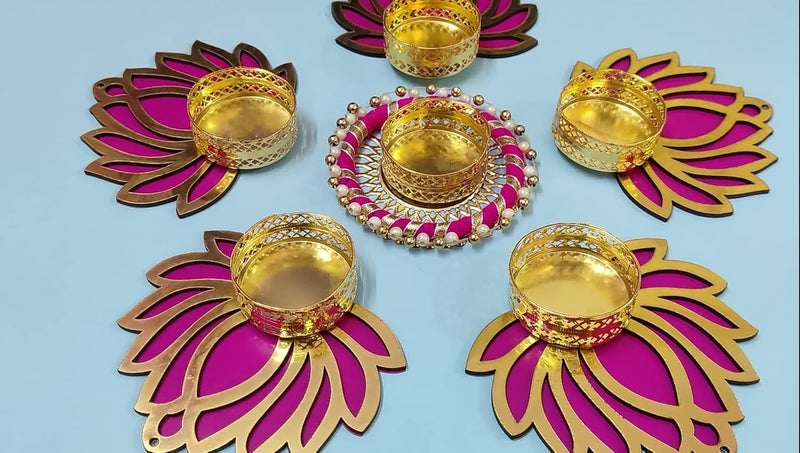 KollectionKart Beautiful Handmade 5 Lotus Tea Lights 1 Gota Bangle Tea Light Floor Rangoli for Home Office Decoration Diwali Gifts coOperate GiftRecycled Material - Image 2