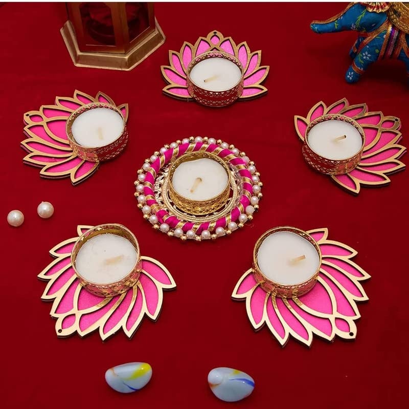 KollectionKart Beautiful Handmade 5 Lotus Tea Lights 1 Gota Bangle Tea Light Floor Rangoli for Home Office Decoration Diwali Gifts coOperate GiftRecycled Material - Image 1
