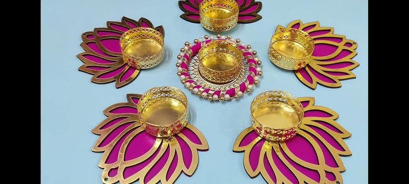 KollectionKart Beautiful Handmade 5 Lotus Tea Lights 1 Gota Bangle Tea Light Floor Rangoli for Home Office Decoration Diwali Gifts coOperate GiftRecycled Material - Image 3