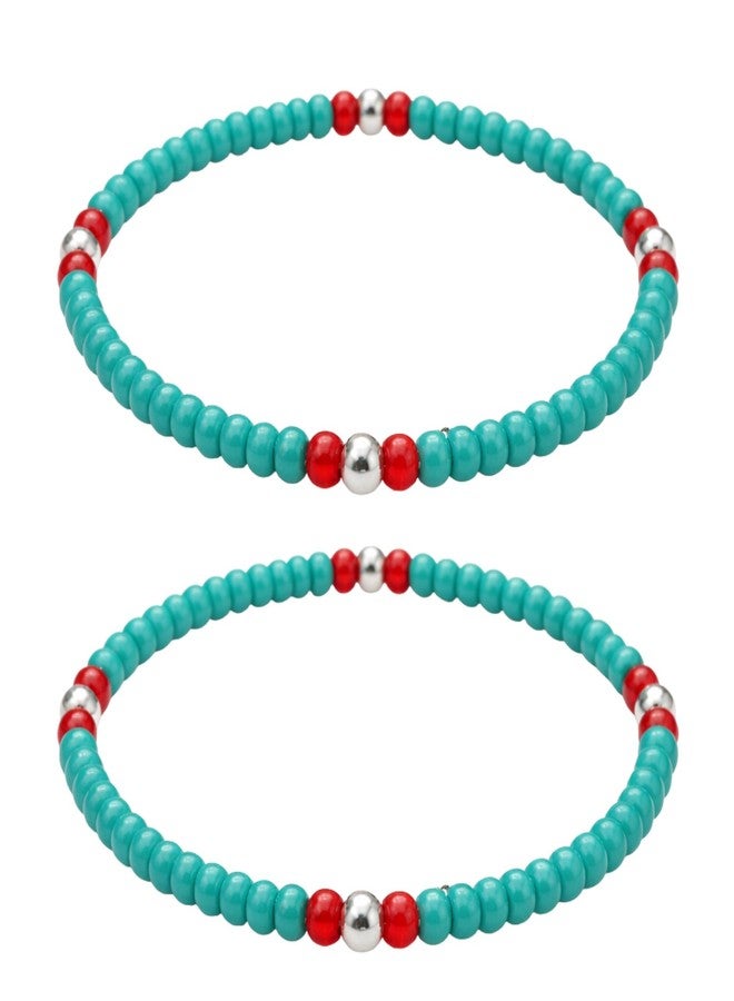 Darshraj® 925 Sterling Silver Baby Nazariya Bracelet for Boys & Girls | Turquoise Blue & Red Beads Elastic Stretch Bracelet with Silver Balls | Nazar Suraksha Infant Wristband 9 Inch (6 Inch Expandable) | Unisex Daily Wear - Image 1