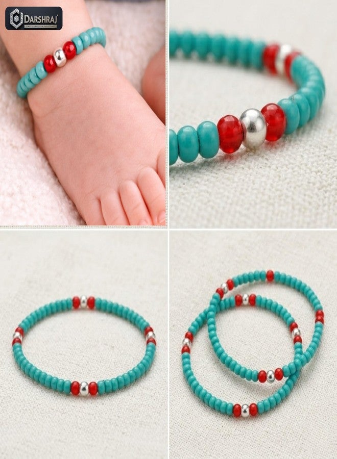 Darshraj® 925 Sterling Silver Baby Nazariya Bracelet for Boys & Girls | Turquoise Blue & Red Beads Elastic Stretch Bracelet with Silver Balls | Nazar Suraksha Infant Wristband 9 Inch (6 Inch Expandable) | Unisex Daily Wear - Image 2