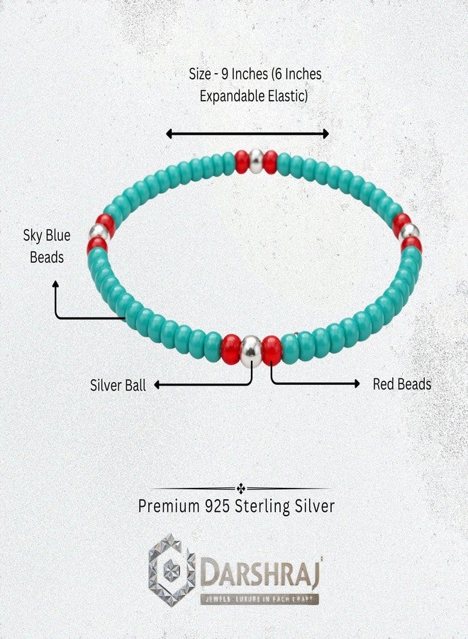 Darshraj® 925 Sterling Silver Baby Nazariya Bracelet for Boys & Girls | Turquoise Blue & Red Beads Elastic Stretch Bracelet with Silver Balls | Nazar Suraksha Infant Wristband 9 Inch (6 Inch Expandable) | Unisex Daily Wear - Image 3