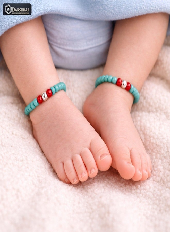 Darshraj® 925 Sterling Silver Baby Nazariya Bracelet for Boys & Girls | Turquoise Blue & Red Beads Elastic Stretch Bracelet with Silver Balls | Nazar Suraksha Infant Wristband 9 Inch (6 Inch Expandable) | Unisex Daily Wear - Image 5