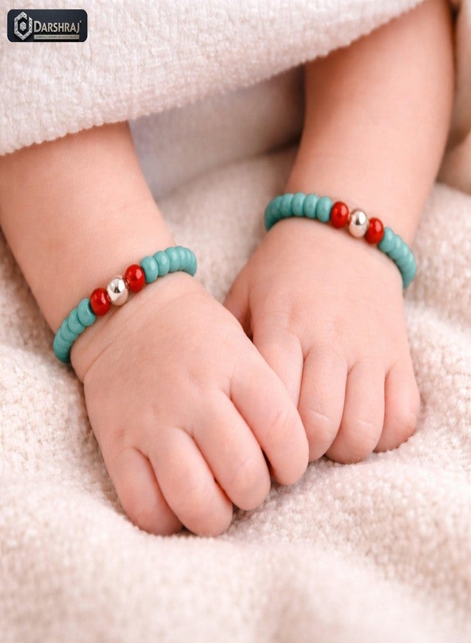 Darshraj® 925 Sterling Silver Baby Nazariya Bracelet for Boys & Girls | Turquoise Blue & Red Beads Elastic Stretch Bracelet with Silver Balls | Nazar Suraksha Infant Wristband 9 Inch (6 Inch Expandable) | Unisex Daily Wear - Image 4