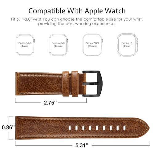 EDIMENS Leather Bands Compatible with Apple Watch 46mm 45mm 44mm 42mm(Series 1 2 3) Band Men Women, Vintage Genuine Leather Wristband Replacement Band Compatible for Apple Watch iwatch Series 10 9 8 7 6 5 4 SE2 SE - Image 2