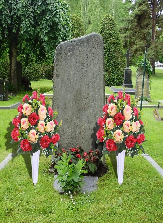 Lodou Artificial Cemetery Flowers,Set of 2 Grave Decorations Roses, Tombstone Memorial Bouquet with Vase for Grave Arrangementss (2, red & Beige) - Image 5