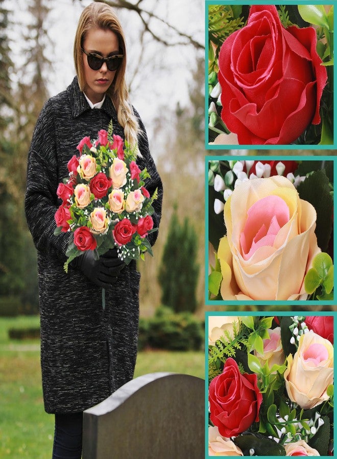 Lodou Artificial Cemetery Flowers,Set of 2 Grave Decorations Roses, Tombstone Memorial Bouquet with Vase for Grave Arrangementss (2, red & Beige) - Image 3