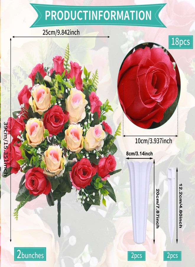 Lodou Artificial Cemetery Flowers,Set of 2 Grave Decorations Roses, Tombstone Memorial Bouquet with Vase for Grave Arrangementss (2, red & Beige) - Image 2