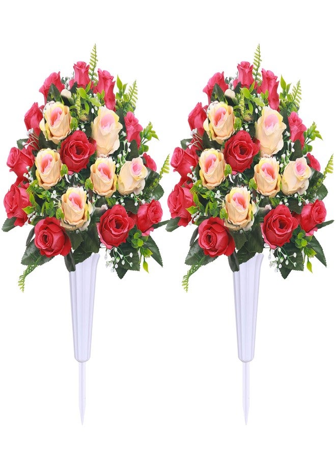 Lodou Artificial Cemetery Flowers,Set of 2 Grave Decorations Roses, Tombstone Memorial Bouquet with Vase for Grave Arrangementss (2, red & Beige) - Image 1