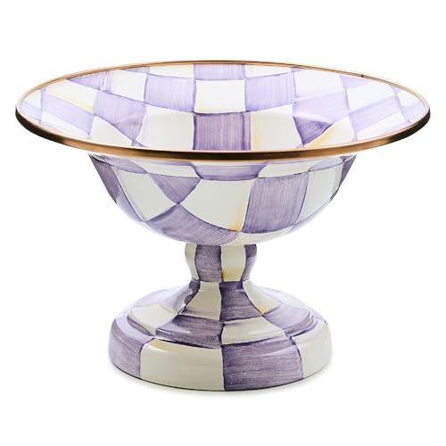 mackenzie childs MACKENZIECHILDS Enamel Compote Pedestal Serving Dish or Decorative Bowl Small PurpleandWhite Violet Check - Image 1